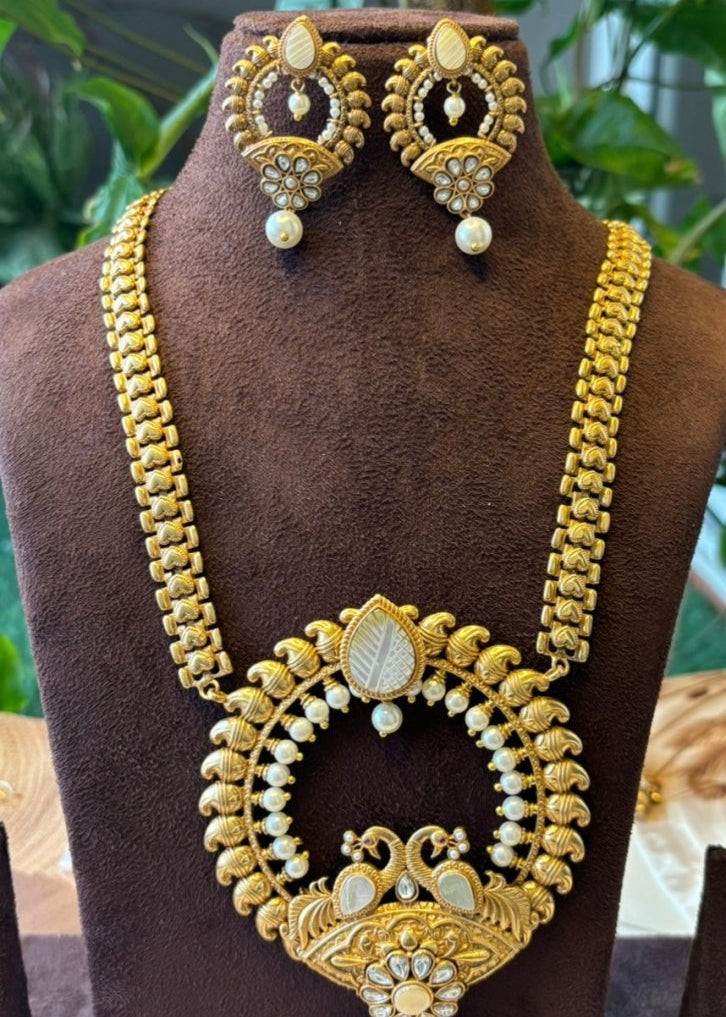 Grand Royal Peacock Micron Gold Plated Haram Necklace Set - MR Jewels